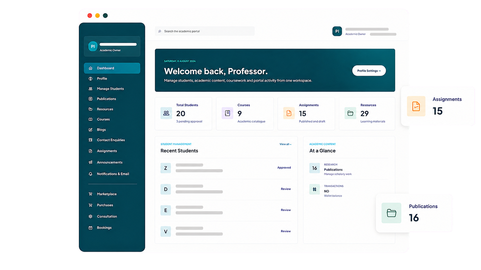 NerdClip professor dashboard showing students, courses, assignments, resources and publications